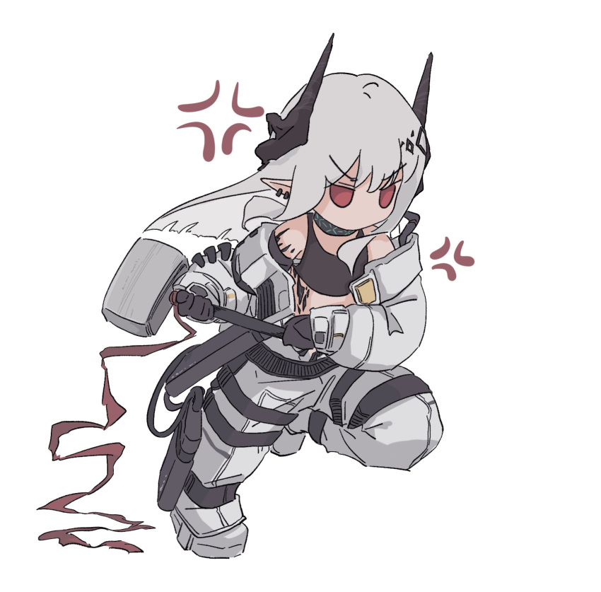 1girl anger_vein arknights bare_shoulders black_gloves black_tank_top boots chibi commentary_request ear_piercing gloves grey_hair hammer highres holding horns jumpsuit long_hair long_sleeves looking_away mudrock_(arknights) piercing pointy_ears puffy_long_sleeves puffy_sleeves red_eyes running simple_background sledgehammer solo tank_top v-shaped_eyebrows very_long_hair white_background white_footwear white_jumpsuit woshigepangzhitong