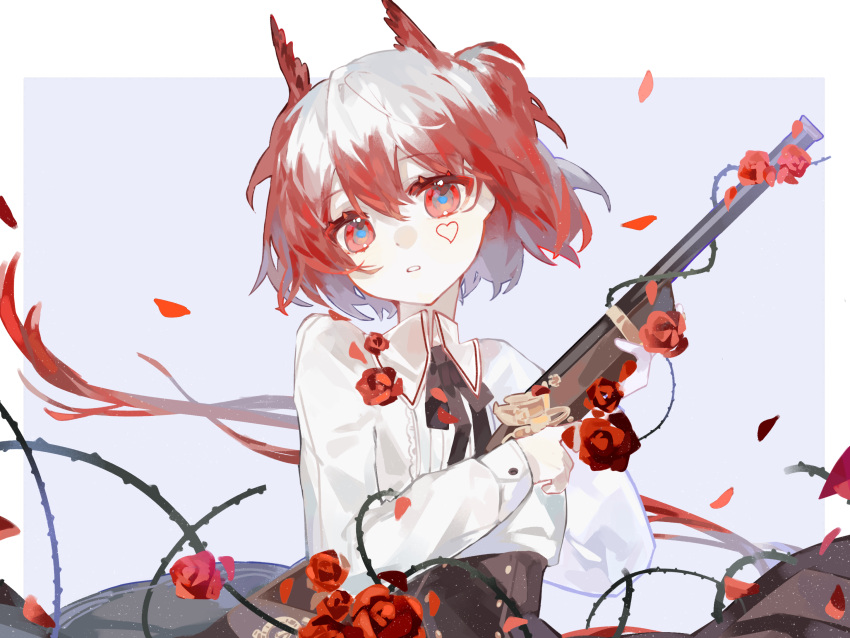 1girl arknights black_skirt collared_shirt commentary_request facial_mark fiammetta_(arknights) flower gun head_tilt heart highres holding holding_gun holding_weapon long_sleeves looking_at_viewer parted_lips petals plant purple_background red_eyes red_flower red_hair red_rose rose rose_petals shirt skirt solo two-tone_background vines weapon white_background white_shirt xiangjingsu59601