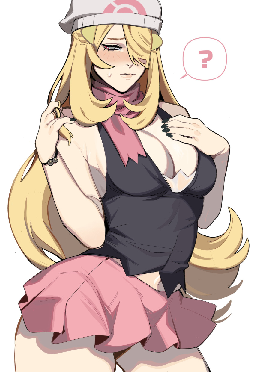 1girl absurdres alternate_costume bangs beanie blonde_hair blush breasts cleavage cosplay cynthia_(pokemon) dawn_(pokemon) dawn_(pokemon)_(cosplay) grey_eyes hair_over_one_eye hat highres long_hair looking_at_viewer miniskirt poke_ball_print pokemon pokemon_(game) pokemon_dppt porqueloin scarf shirt skirt sleeveless solo thick_thighs thighs tight very_long_hair wavy_hair white_headwear