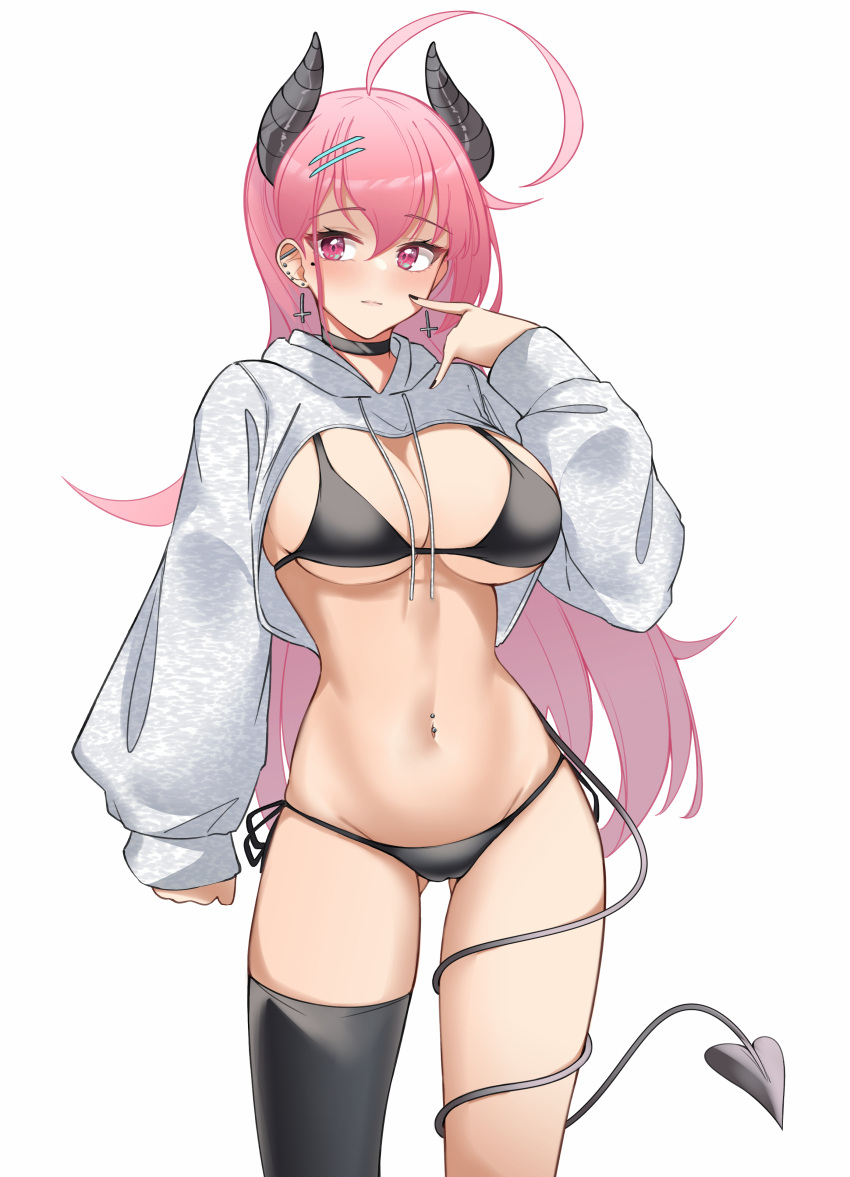 1girl absurdres ahoge ass_visible_through_thighs bikini black_bikini black_thighhighs breasts cleavage cowboy_shot demon_girl demon_horns demon_tail drawstring ear_piercing earrings finger_to_cheek hand_up highres hood hood_down hoodie horns jewelry large_breasts long_hair long_sleeves looking_at_viewer mole mole_under_eye navel navel_piercing original parfait_desu parfy_(parfait_ehmy) piercing pink_eyes pink_hair shrug_(clothing) side-tie_bikini_bottom single_thighhigh smile solo standing stomach string_bikini swimsuit tail tail_around_leg thighhighs thighs white_hoodie