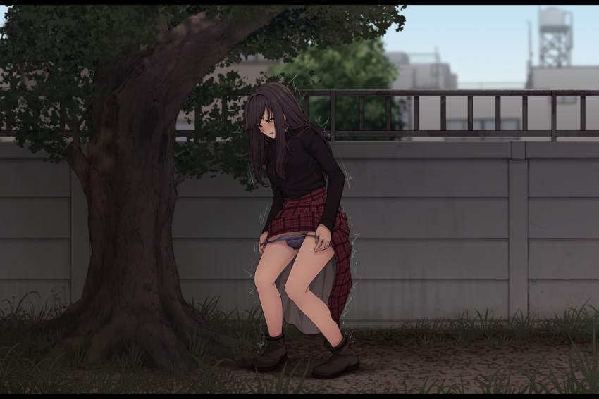 1girl black_footwear black_shirt blue_sky blush boots breasts brown_eyes brown_hair clothes_lift commentary_request day english_commentary female_pubic_hair full_body grass have_to_pee highres kokomachi legs letterboxed lifted_by_self long_hair long_skirt long_sleeves mixed-language_commentary open_mouth original outdoors panties panty_pull pee peeing peeing_self plaid plaid_skirt pubic_hair pulled_by_self purple_panties raised_eyebrows red_skirt shirt shirt_tucked_in sidelocks skirt skirt_lift sky small_breasts solo standing teeth thighs tree trembling underwear wall wet wet_clothes wet_panties