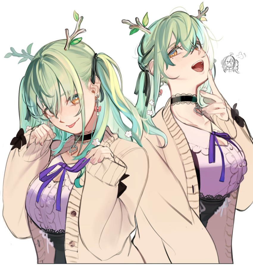 2girls breasts ceres_fauna choker earrings eus_ing green_hair hair_between_eyes heart heart_choker highres hololive hololive_english jewelry large_breasts long_sleeves looking_at_viewer multiple_girls multiple_views open_mouth simple_background teeth tongue tongue_out tsukumo_sana twintails virtual_youtuber white_background yellow_eyes