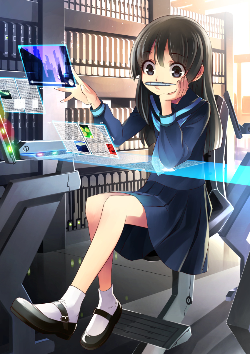 1girl black_hair blue_serafuku borrowed_character chair commission full_body highres holographic_interface kriss_sison library long_hair long_sleeves original pen pencil_mustache pleated_skirt school_uniform science_fiction serafuku shelf shoes sitting skirt socks solo table