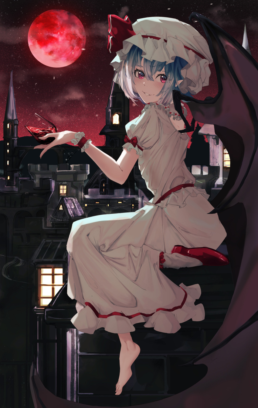 1girl absurdres barefoot bat_wings blue_hair blush bow ceeds cloud commentary cup drinking_glass full_body full_moon hair_between_eyes hand_up hat hat_ribbon highres holding holding_cup looking_at_viewer looking_to_the_side mob_cap moon night night_sky on_roof parted_lips pointy_ears puffy_short_sleeves puffy_sleeves red_bow red_eyes red_footwear red_moon red_ribbon remilia_scarlet ribbon shirt shoes short_hair short_sleeves single_shoe single_sock skirt sky slit_pupils smile socks solo star_(sky) starry_sky touhou tower town white_headwear white_shirt white_skirt white_socks window wine_glass wings wrist_cuffs
