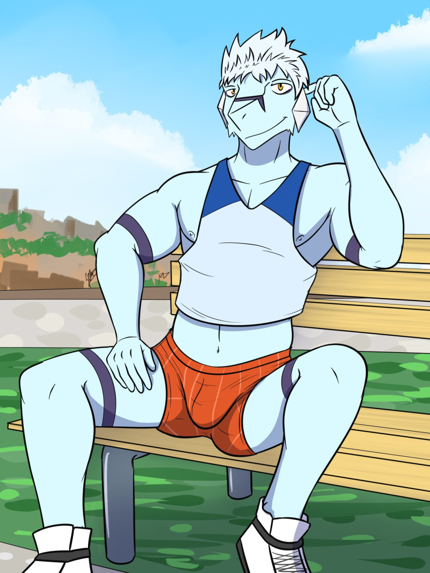 anthro anthrofied avalugg bench bottomwear bulge clothing crop_top footwear fuze generation_6_pokemon hi_res male midriff navel nintendo nipples on_bench outside park_bench pokemon pokemon_(species) pokemorph shirt shoes shorts sitting solo tank_top topwear