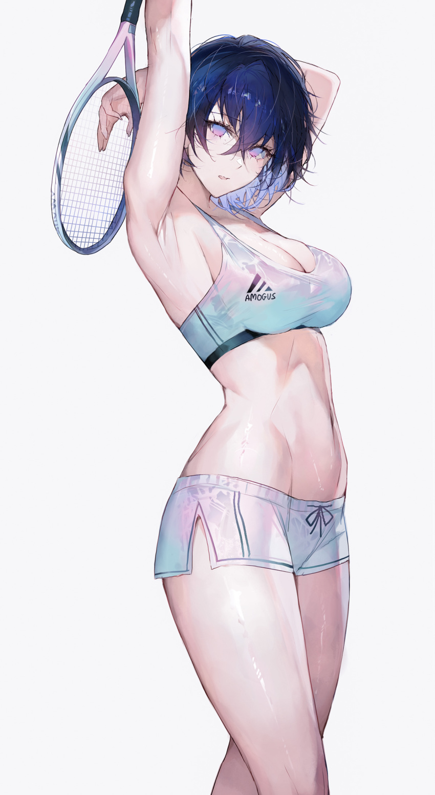 1girl adidas among_us arm_behind_head armpits arms_up bare_arms bare_shoulders blue_eyes blue_hair breasts cleavage crop_top drawstring feet_out_of_frame highres holding holding_racket large_breasts looking_at_viewer meme midriff multicolored_eyes navel open_mouth original pink_eyes qiandaiyiyu racket shirt short_hair short_shorts shorts side_slit simple_background sleeveless sleeveless_shirt solo sports_bra standing stomach sweat tennis_racket thighs white_background white_shorts white_sports_bra