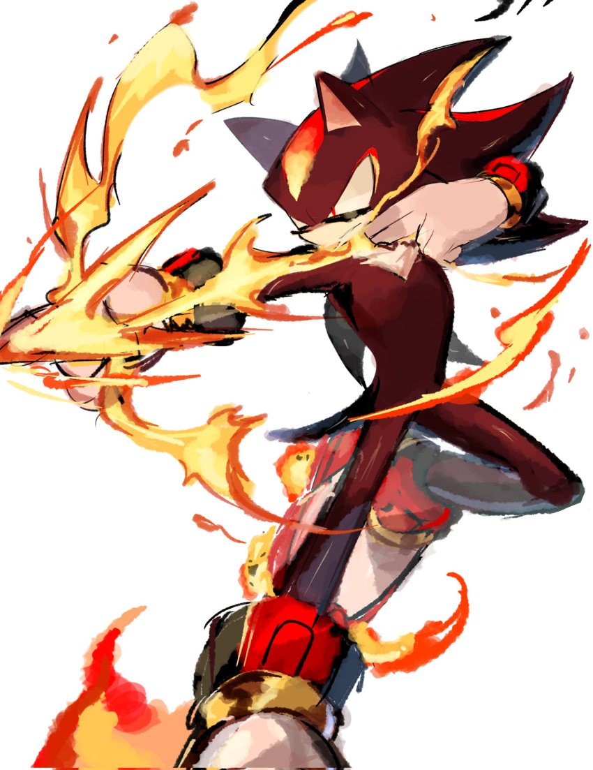 1boy angry animal_ears black_hair bow fire full_body furry furry_male gloves highres looking_to_the_side male_focus multicolored_hair red_eyes red_hair shadow_the_hedgehog shoes solo solo_focus sonic_(series) tail usa37107692 weapon white_background white_gloves