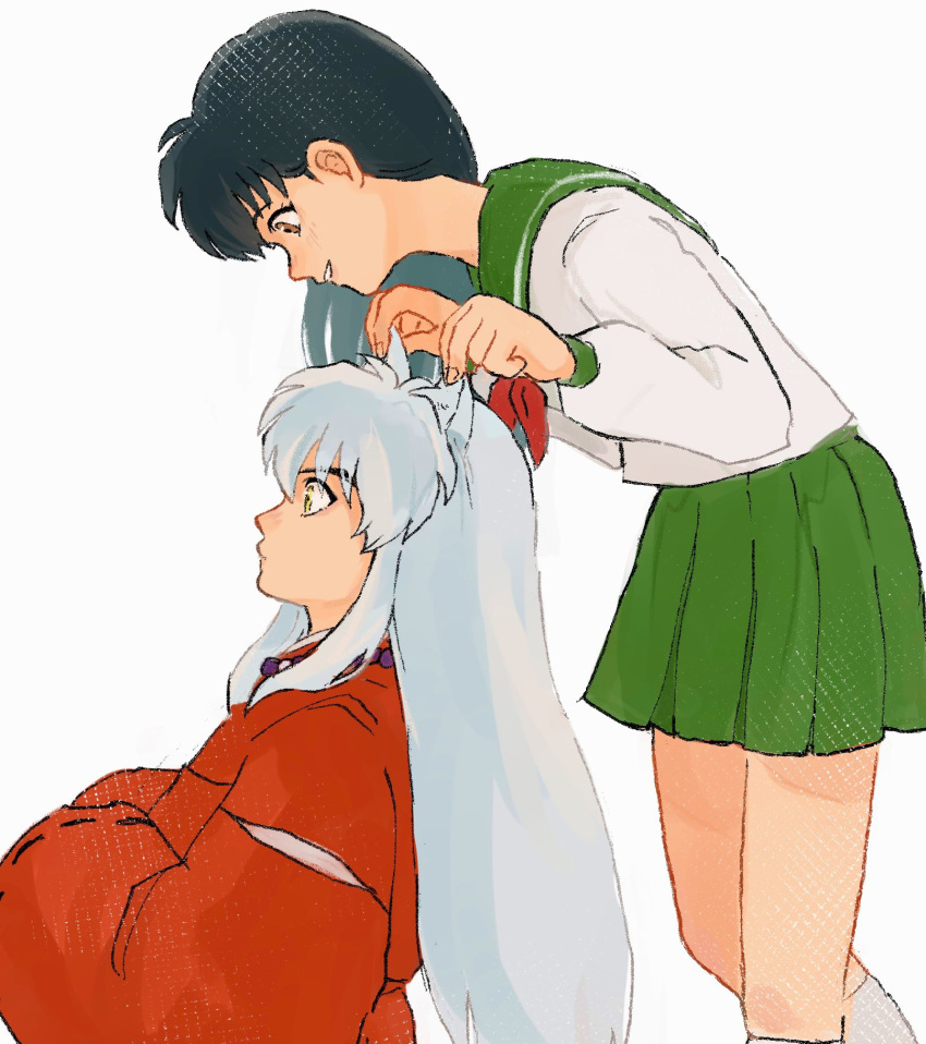 1boy 1girl animal_ears bangs bead_necklace beads black_hair brown_hair dog_ears from_side green_skirt highres higurashi_kagome holding_ears inuyasha inuyasha_(character) japanese_clothes jewelry kimono long_hair long_sleeves necklace red_kimono school_uniform shirt sitting skirt smile very_long_hair white_background white_hair white_shirt yellow_eyes zuchi_wan