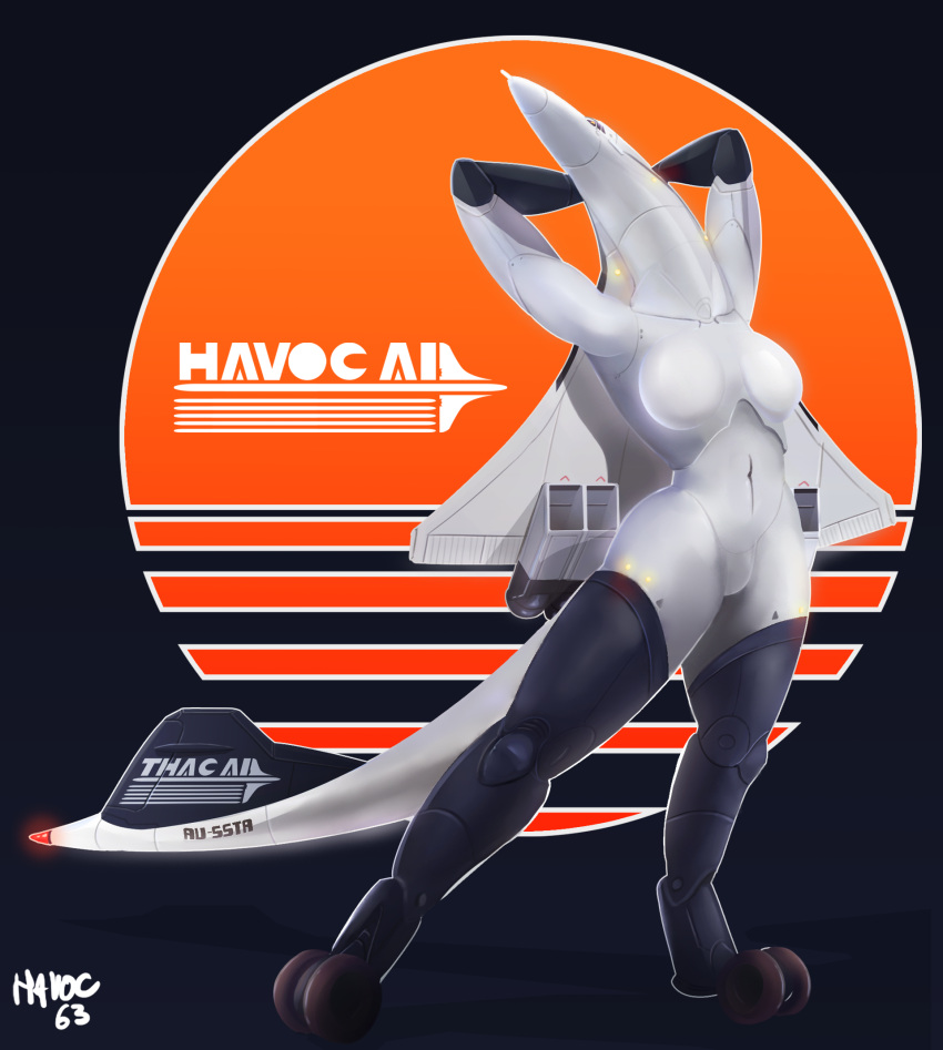 aircraft aircraft_humanoid anthro concorde_(aircraft) engine female hands_behind_head havoc63 hi_res landing_gear lights living_aircraft living_machine living_vehicle machine mouthless nippleless simple_background solo tail vehicle wings