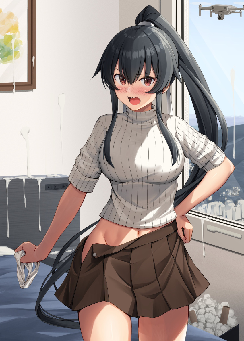 1girl absurdres bangs bed black_hair blush breasts brown_skirt drone groin hair_between_eyes hair_over_breasts highres holding holding_clothes holding_panties holding_underwear ichikawa_feesu kantai_collection large_breasts long_hair navel open_mouth panties panties_removed partially_undressed picture_(object) pleated_skirt ponytail red_eyes ribbed_sweater short_sleeves sidelocks skirt solo suggestive_fluid sweater textless_version underwear used_tissue very_long_hair white_sweater window yahagi_(kancolle)