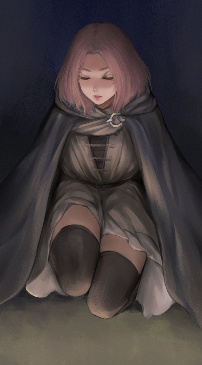 1girl absurdres black_cape black_thighhighs brown_hair cape closed_eyes commentary_request dress elden_ring facial_tattoo forehead grey_dress highres hood hood_down hooded_cape kneeling lips melina_(elden_ring) nyatokanyaru parted_lips pink_lips short_hair solo tattoo thighhighs zettai_ryouiki