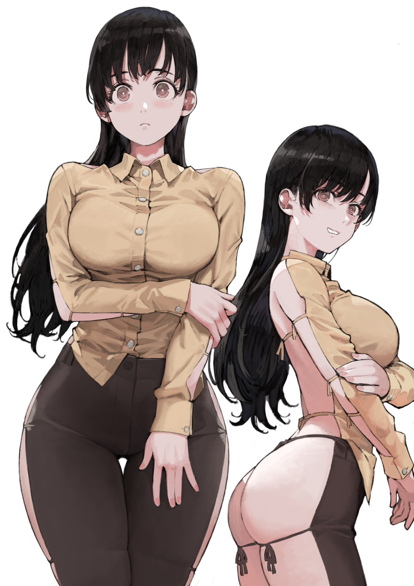 1girl arm_support ass backless_outfit bare_back black_hair breasts collared_shirt highres jun_(seojh1029) large_breasts long_hair long_sleeves looking_at_viewer meme_attire original pants shirt solo standing white_background