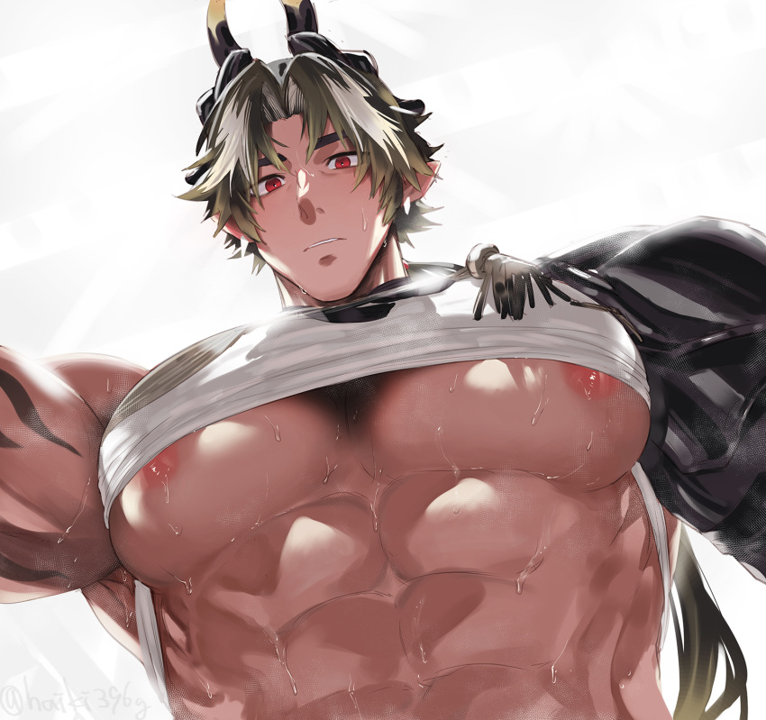 1boy abs alternate_pectoral_size arknights bara black_hair blush chong_yue_(arknights) close-up clothes_lift dragon_boy dragon_horns earrings foreshortening from_below haiki_(tegusu) highres horns jewelry large_pectorals long_hair looking_at_viewer male_focus multicolored_hair muscular muscular_male nipple_slip nipples pectoral_focus pectorals pointy_ears ponytail raised_eyebrows red_eyes shirt shirt_lift solo stomach streaked_hair sweat thick_thighs thighs underpec upper_body white_shirt