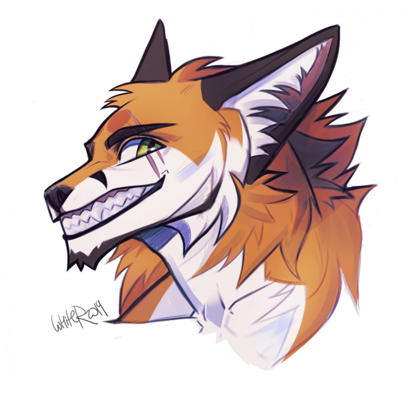 2019 anthro black_ears black_nose bust_portrait canid canine cheek_tuft dated facial_markings facial_tuft fangs fox fur glistening glistening_eyes green_eyes grin head_markings hi_res looking_at_viewer male mammal markings neck_tuft orange_body orange_fur portrait signature simple_background smile solo teeth tuft unknowhiter white_background white_body white_fur