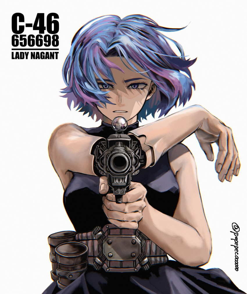 1girl aiming_at_viewer arm_mounted_weapon bare_shoulders belt black_dress blue_hair blurry boku_no_hero_academia character_name chromatic_aberration commentary container depth_of_field dress film_grain finger_on_trigger fingernails floating_hair furrowed_brow gun hands_up highres holding holding_gun holding_weapon lady_nagant lens looking_at_viewer metal_belt multicolored_hair narrowed_eyes parted_hair parted_lips pepepecoooooo purple_eyes scope short_hair simple_background sleeveless sleeveless_dress sleeveless_turtleneck_dress solo straight-on twitter_username two-tone_hair utility_belt weapon white_background