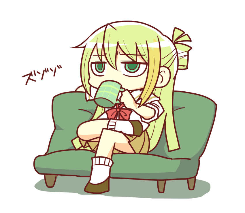 1girl alina_gray blonde_hair bow bowtie brown_footwear brown_skirt chibi couch cup drinking green_eyes green_hair hair_between_eyes holding holding_cup layered_sleeves long_hair long_sleeves magia_record:_mahou_shoujo_madoka_magica_gaiden mahou_shoujo_madoka_magica mug multicolored_hair on_couch red_bow red_bowtie saigokudou sakae_general_school_uniform school_uniform shirt short_over_long_sleeves short_sleeves side-tie_shirt sidelocks simple_background single_hair_ring sitting skirt sleeves_rolled_up socks solo white_background white_shirt white_socks