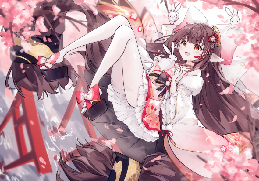 1girl :d absurdly_long_hair animal_ears azur_lane bangs bow brown_hair cherry_blossoms commission frilled_sleeves frills full_body fur_shawl gradient_sleeves hair_bow hair_ornament harutsuki_(a_dance_for_the_coming_spring)_(azur_lane) harutsuki_(azur_lane) highres japanese_clothes kanzashi kimono kimono_skirt knees_up long_hair long_sleeves miyu_(miy_u1308) new_year okobo open_mouth pantyhose petticoat pink_bow pink_sleeves pixiv_commission rabbit red_eyes shawl smile solo torii very_long_hair white_kimono white_pantyhose white_sleeves wide_sleeves