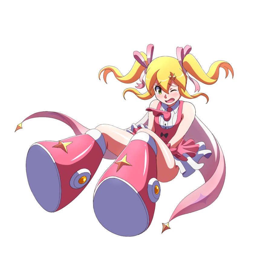 1girl blonde_hair blush bow bowtie covering covering_crotch diamond_(shape) dress dress_tug embarrassed frills halloween_costume halloween_roll highres magical_girl mega_man_(series) mega_man_x_(series) mega_man_x_dive no_panties nobuyu_(77yusei) official_alternate_costume pink_dress pink_footwear pink_ribbon ribbon roll_(mega_man) short_twintails simple_background tears translation_request twintails
