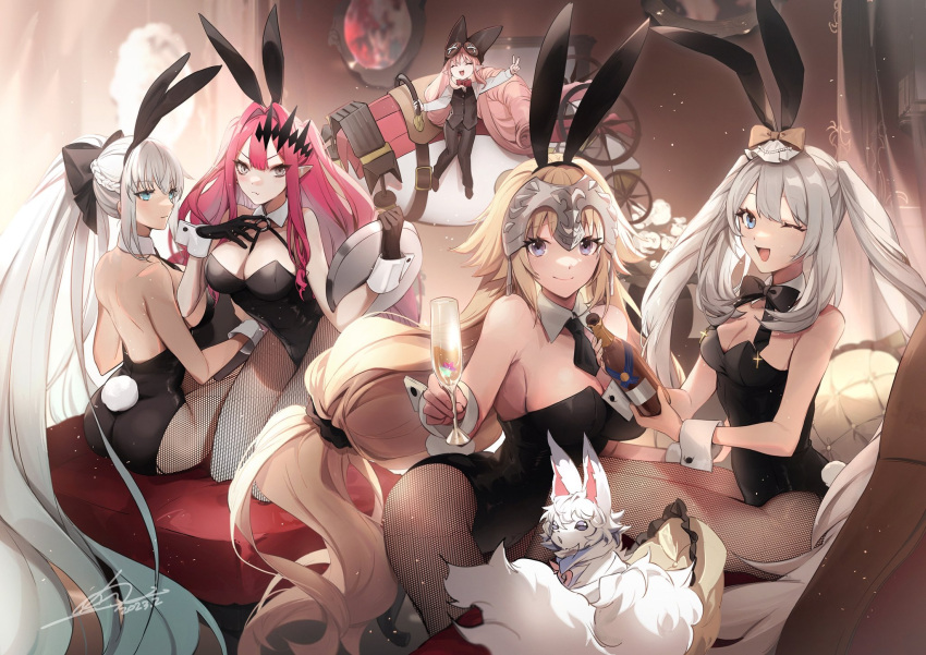5girls animal_ears bangs bare_shoulders black_bow black_headwear black_leotard blonde_hair blue_eyes blush bow bowtie braid braided_ponytail breasts brown_pantyhose button_eyes buttons cleavage closed_eyes detached_collar fairy_knight_tristan_(fate) fake_animal_ears fate/apocrypha fate/grand_order fate_(series) fou_(fate) french_braid grey_eyes grey_hair habetrot_(fate) hair_bow hat headpiece highleg highleg_leotard highres jeanne_d'arc_(fate) jeanne_d'arc_(ruler)_(fate) large_breasts leotard long_hair looking_at_viewer marie_antoinette_(fate) medium_breasts morgan_le_fay_(fate) multiple_girls no-kan one_eye_closed open_mouth pantyhose pink_hair playboy_bunny pointy_ears ponytail rabbit_ears rabbit_tail sidelocks small_breasts smile tail thighs tiara twintails very_long_hair white_hair wrist_cuffs