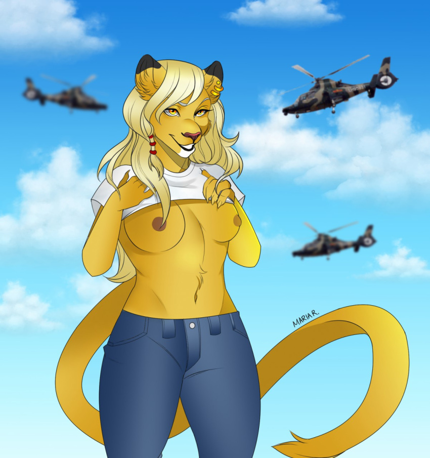 2019 5_fingers aircraft anthro artist_name belly_tuft biped blonde_hair blue_bottomwear blue_clothing blue_jeans blue_pants bottomwear breasts clothed clothing clothing_lift cloud denim denim_clothing digital_media_(artwork) ear_piercing ear_ring eyebrows eyelashes felid female fingers flashing flashing_breasts fur grin hair helicopter hi_res jeans lion long_hair macro mammal navel nipples outside pantherine pants piercing pink_nose ring_piercing shaded shirt shirt_lift sky smile solo tail topwear tuft white_clothing white_shirt white_topwear wolfbane154 yellow_body yellow_fur