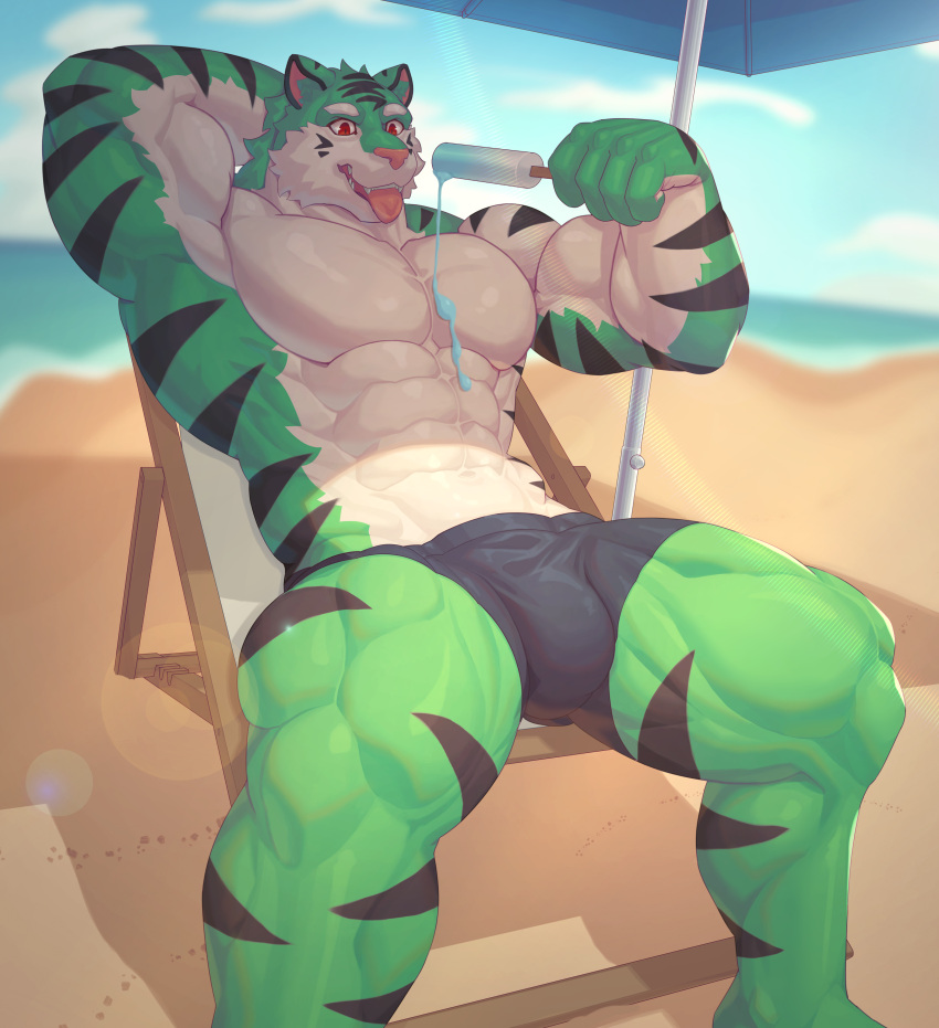 2022 abs absurd_res anthro beach biceps black_clothing black_ears black_stripes bulge clothed clothing felid fur green_body green_ears green_fur hi_res holding_object male mammal multicolored_body multicolored_ears multicolored_fur muscular muscular_anthro muscular_male pantherine pecs quads ronci sand seaside sitting solo striped_body striped_fur stripes tiger tongue tongue_out topless