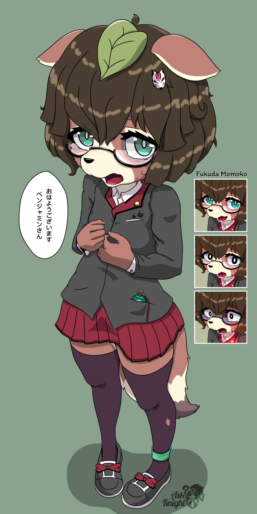 absurd_res anthro askknight blush brown_body brown_fur brown_hair canid canine clothed clothing digital_media_(artwork) eyewear female female_student fur glasses green_eyes hair hi_res legwear looking_at_viewer mammal momoko_(character) open_mouth raccoon_dog short_hair simple_background solo stockings student tanuki tanuki_leaf young