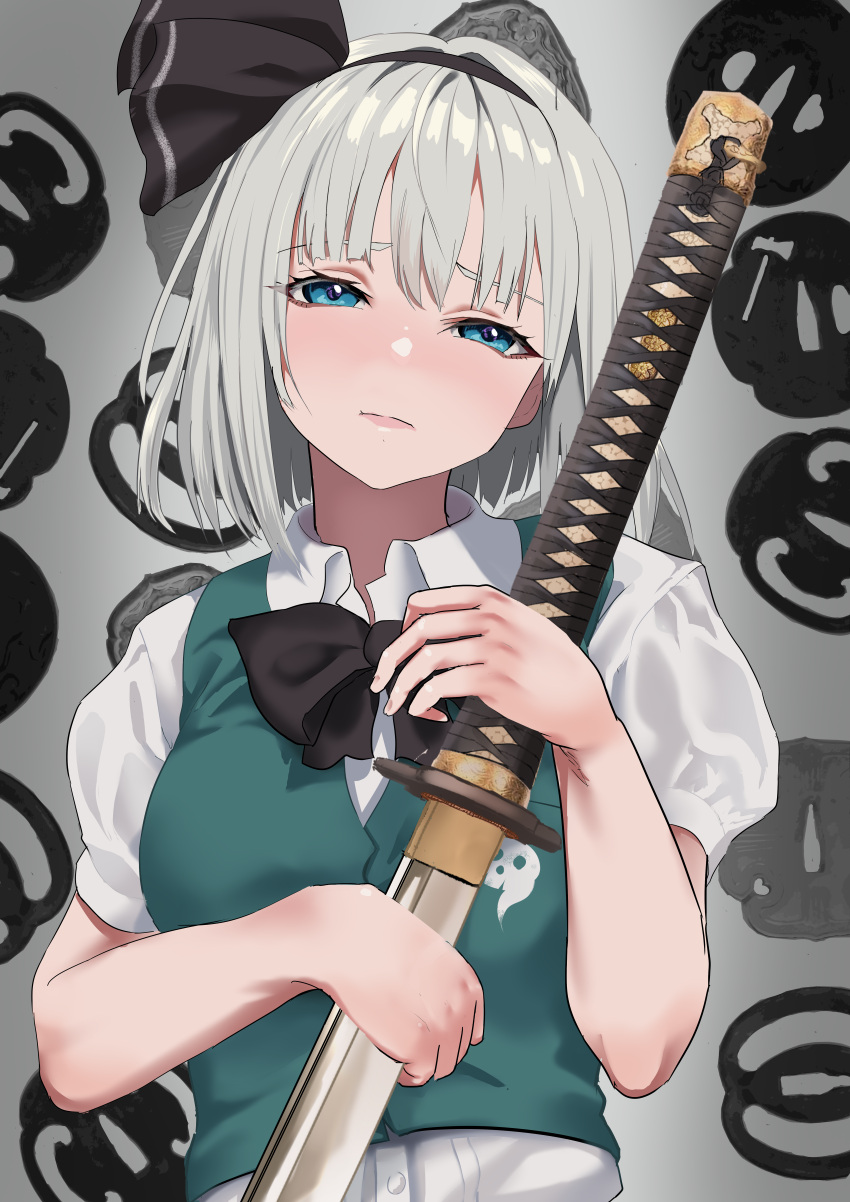 1girl absurdres black_hairband black_ribbon blue_eyes blush closed_mouth collared_shirt green_vest grey_hair hair_ribbon hairband highres holding holding_sword holding_weapon katana konpaku_youmu looking_at_viewer puffy_short_sleeves puffy_sleeves ribbon shirt short_hair short_sleeves solo sword touhou upper_body vest weapon white_shirt yuri_kowashi_(tetsukabuto_nuranura)