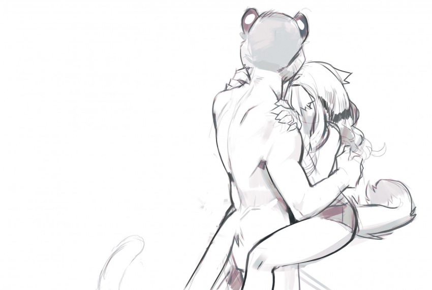 anthro between_legs clothed clothing duo embrace faceless_anthro faceless_character faceless_female faceless_male female hug male monochrome nude panties simple_background sitting sketch standing topless underwear unknowhiter