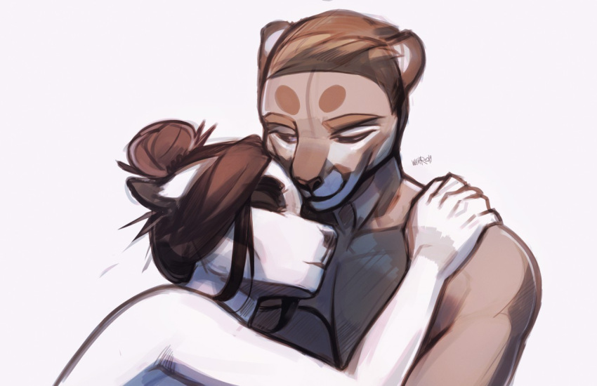 2019 anthro anthro_on_anthro brown_body brown_hair closed_smile cuddling dated duo ears_back eyes_closed female hair hair_bun male male/female mouth_closed narrowed_eyes nude pivoted_ears signature simple_background unknowhiter white_background white_body