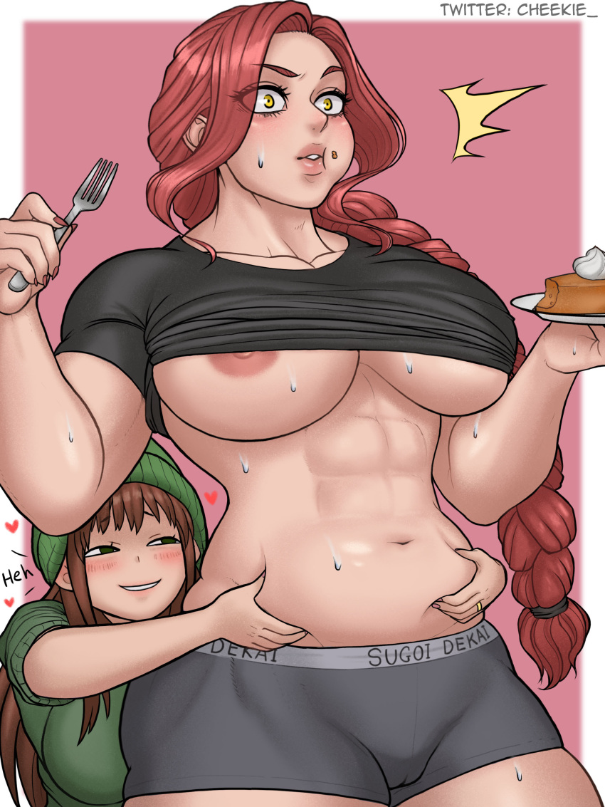 2girls abs absurdres anya's_heh_face_(meme) belly_grab boyshort_panties braid breasts brown_hair cheekie clothes_lift commentary eating english_commentary eyes_visible_through_hair food food_in_mouth food_on_face fork green_eyes heart highres large_breasts long_hair meme multiple_girls muscular muscular_female navel nipple_slip nipples original pie plate red_hair shirt_lift single_braid size_difference smile sugoi_dekai sweatdrop twitter_username underboob yellow_eyes