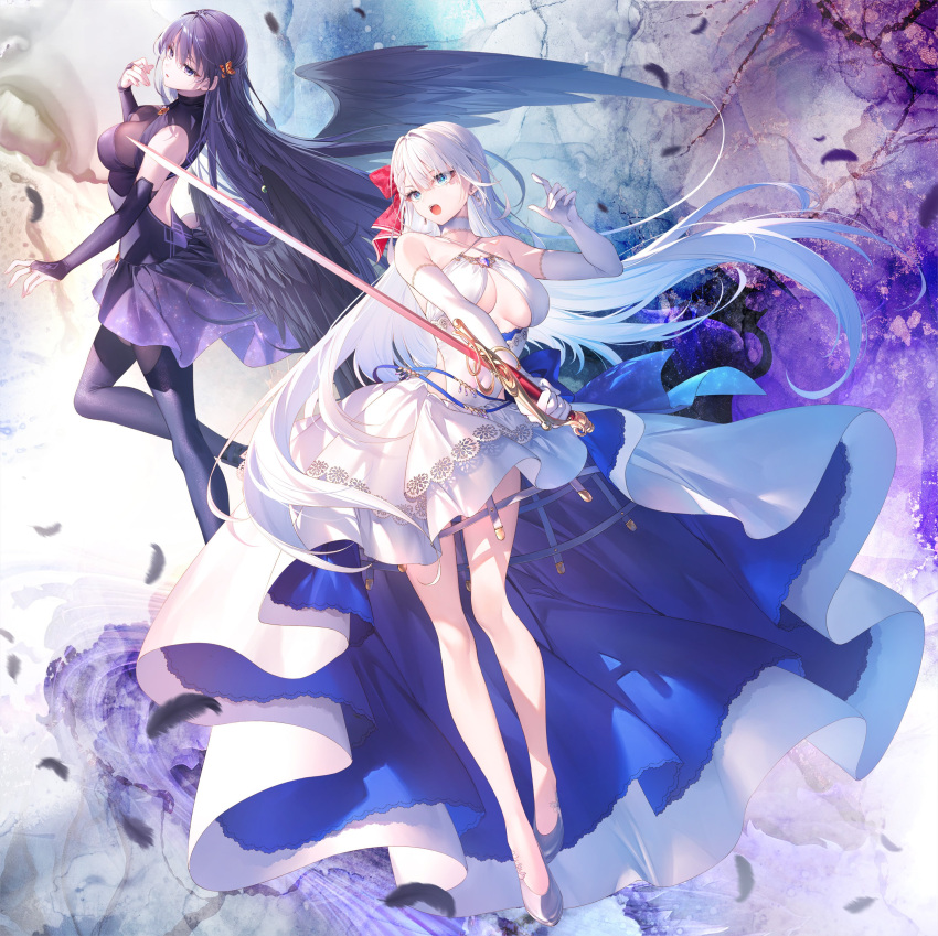 2girls absurdres bangs bare_legs bare_shoulders black_gloves black_hair black_pantyhose blue_eyes breasts bridal_gauntlets butterfly_hair_ornament cleavage cover cover_image dress elbow_gloves elfine_phillet feathered_wings gloves hair_ornament highres holding holding_sword holding_weapon huge_breasts long_hair lyseria_christaria multiple_girls novel_illustration official_art open_mouth pantyhose purple_dress purple_eyes revealing_clothes seiken_gakuin_no_maken_tsukai sword textless_version toosaka_asagi very_long_hair weapon white_dress white_gloves white_hair wings