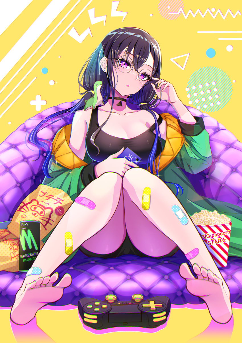 1girl absurdres adjusting_eyewear bandaid bangs black_camisole black_choker black_hair black_pants blue_hair breasts camisole chips_(food) choker cleavage collarbone controller couch crossed_bangs food full_body game_controller glasses gradient_hair green_jacket hair_between_eyes hair_over_breasts highres ichinose_uruha jacket kiiro_(cocoa080) large_breasts looking_at_viewer low_twintails lupinus_virtual_games monster_energy multicolored_hair nessie_(respawn) off_shoulder pants parted_lips patterned_background popcorn purple_eyes shorts sidelocks sitting solo stuffed_animal stuffed_toy twintails virtual_youtuber vspo! yellow_background