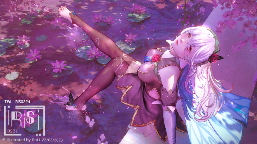 1girl absurdres bangs bare_shoulders barefoot blue_cape breasts butterfly_hair_ornament cape clothing_cutout corrin_(female)_(fire_emblem) corrin_(fire_emblem) crown_of_thorns detached_sleeves fire_emblem fire_emblem_fates fire_emblem_heroes flower hair_flower hair_ornament highres irisl lily_pad long_hair looking_at_viewer medium_breasts official_alternate_costume pink_eyes pond scenery sitting solo thighhighs white_hair