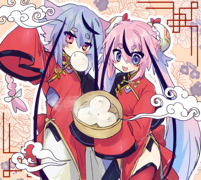 2girls :3 arm_up bamboo_steamer bangs baozi black_hair blue_eyes blue_hair blue_shirt blush bow braid bun_cover china_dress chinese_clothes cloud cowboy_shot double_bun dress floral_background food food_in_mouth hair_between_eyes hair_bow hair_bun hair_flaps highres hikimayu holding ishitsuki_(_0101_831) long_hair looking_at_viewer mandarin_collar meika_hime meika_mikoto mouth_hold multicolored_hair multiple_girls no_horns open_mouth pants pelvic_curtain pink_hair red_dress red_eyes shirt side_slit sleeves_past_fingers sleeves_past_wrists smile streaked_hair thighhighs thighs twintails very_long_hair vocaloid white_bow white_pants whorled_clouds