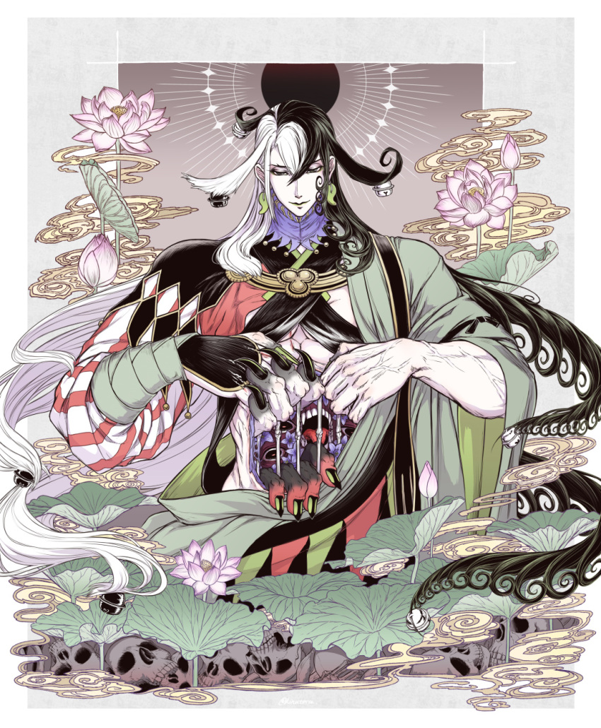 1boy ashiya_douman_(fate) asymmetrical_clothes asymmetrical_hair bell black_eyes black_hair curly_hair demon earrings eyeshadow fate/grand_order fate_(series) fingernails flower flower_request green_eyeshadow green_kimono green_lips green_nails hair_bell hair_between_eyes hair_intakes hair_ornament highres japanese_clothes jewelry kimono kinuttta large_hands lily_(flower) long_hair looking_at_viewer magatama magatama_earrings makeup male_focus monster multicolored_hair open_clothes open_kimono pink_flower plant ribbed_sleeves sharp_fingernails skull smile solo toned toned_male two-tone_hair veins veiny_arms very_long_fingernails very_long_hair white_hair