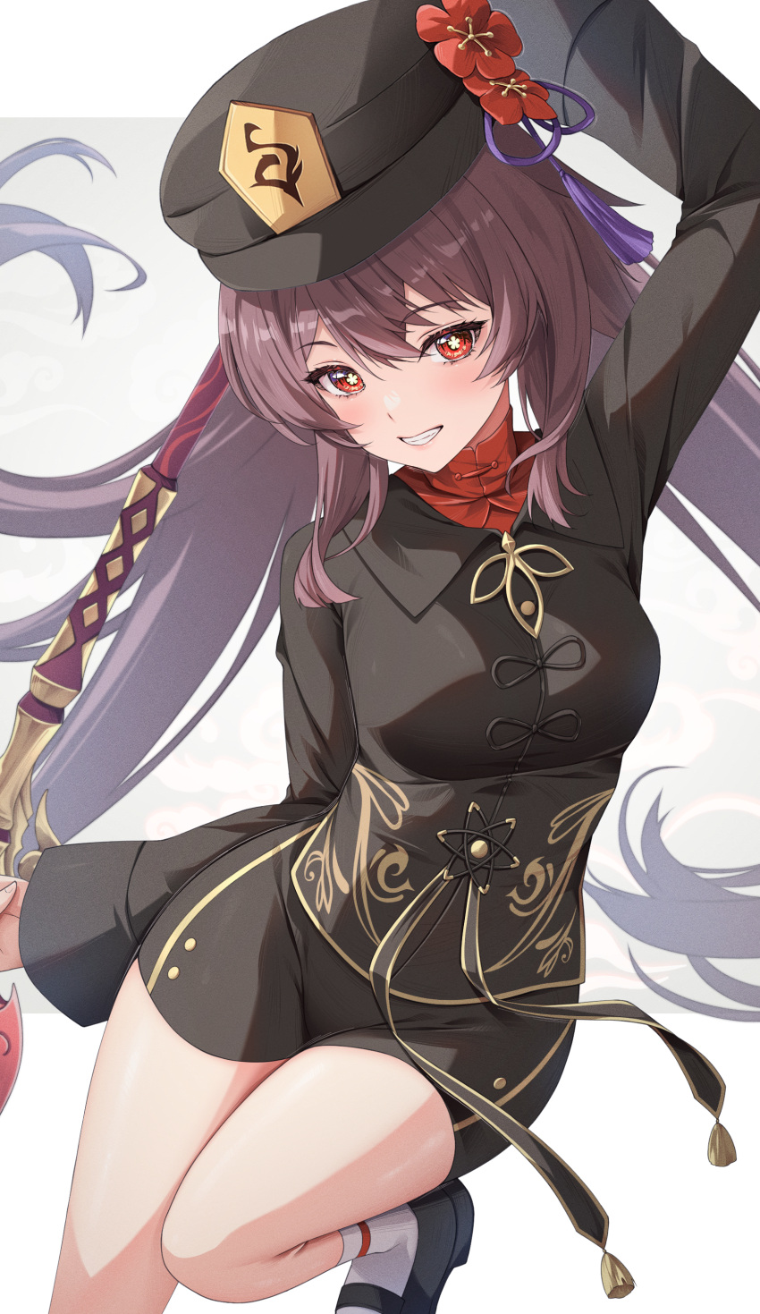 1girl absurdres arm_up black_coat black_footwear black_shorts breasts brown_hair coat floating_hair flower flower-shaped_pupils genshin_impact grey_background grin hat hat_flower highres holding holding_polearm holding_weapon hu_tao_(genshin_impact) iroha_(unyun) long_hair long_sleeves looking_at_viewer mandarin_collar medium_breasts plum_blossoms polearm porkpie_hat red_eyes red_flower red_shirt shirt shorts simple_background smile socks solo symbol-shaped_pupils taut_clothes teeth thighs twintails two-tone_background weapon white_background white_socks