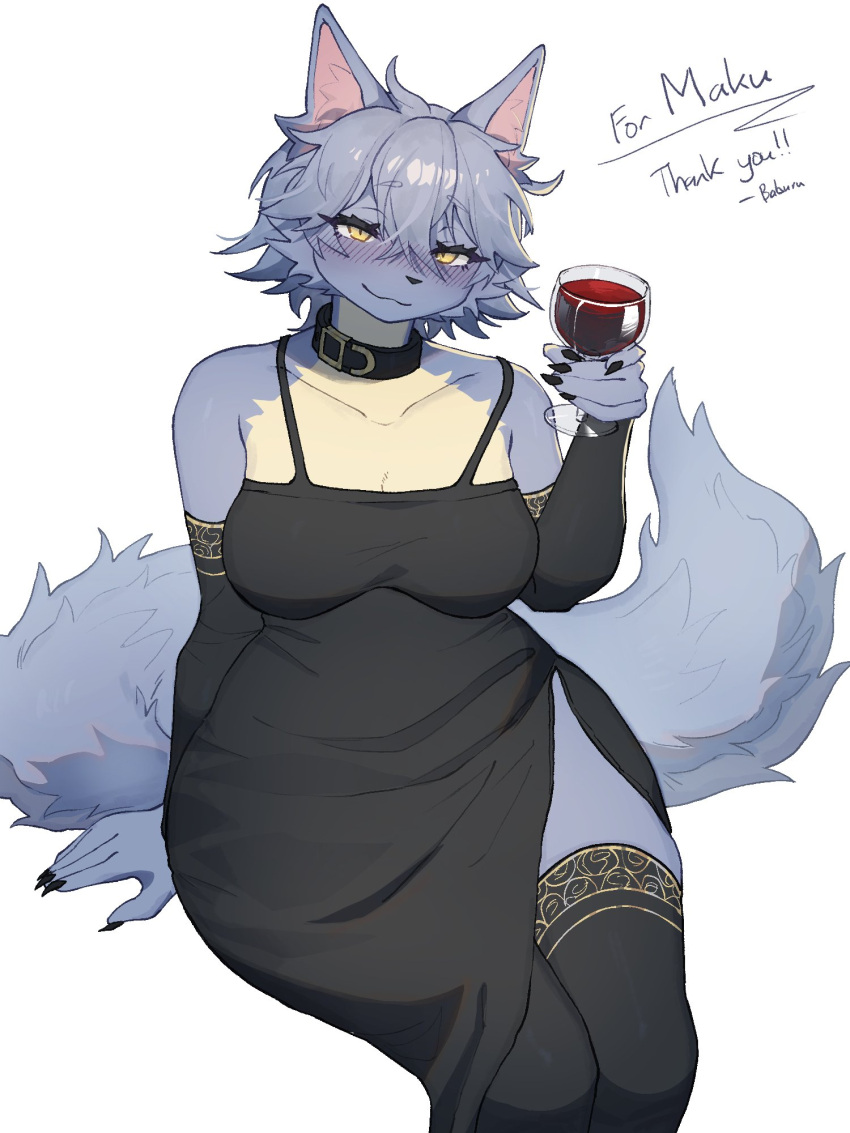 2023 5_fingers anthro baburusushi beverage black_claws black_clothing black_dress black_legwear black_nose black_stockings blue_body blue_fur blue_hair blush breasts canid canine canis claws clothing collar digital_media_(artwork) dress english_text female fingers fur hair hi_res holding_beverage holding_object holding_wine_glass legwear looking_at_viewer maku_(maku450) mammal simple_background smile solo stockings text white_background wide_hips wolf yellow_eyes