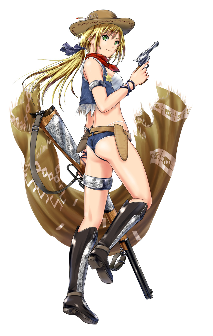 1girl absurdres alpha_transparency ano_hito ass blonde_hair boots breasts brown_scarf commentary_request cowboy_hat cowboy_western cropped_vest denim denim_shorts flat_ass full_body green_eyes gun hat hat_feather highleg highleg_panties highres holding holding_gun holding_weapon holster knee_boots legband lever_action long_hair medium_breasts micro_shorts original panties ponytail revolver rifle scarf sheriff_badge shorts smile solo transparent_background trigger_discipline underwear vest weapon