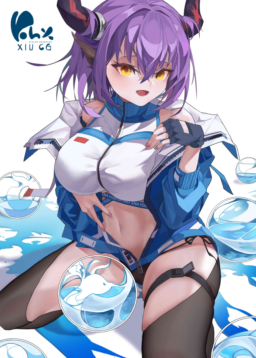 1girl absurdres arknights bare_shoulders bikini black_gloves blue_jacket breasts commentary_request fingerless_gloves gloves hair_between_eyes highres horns jacket kelinxiu large_breasts long_sleeves looking_at_viewer midriff navel off_shoulder official_alternate_costume open_clothes open_jacket open_mouth purple_hair seiza short_hair sideroca_(arknights) sideroca_(light_breeze)_(arknights) simple_background sitting solo stomach swimsuit thigh_strap thighs white_background white_bikini yellow_eyes