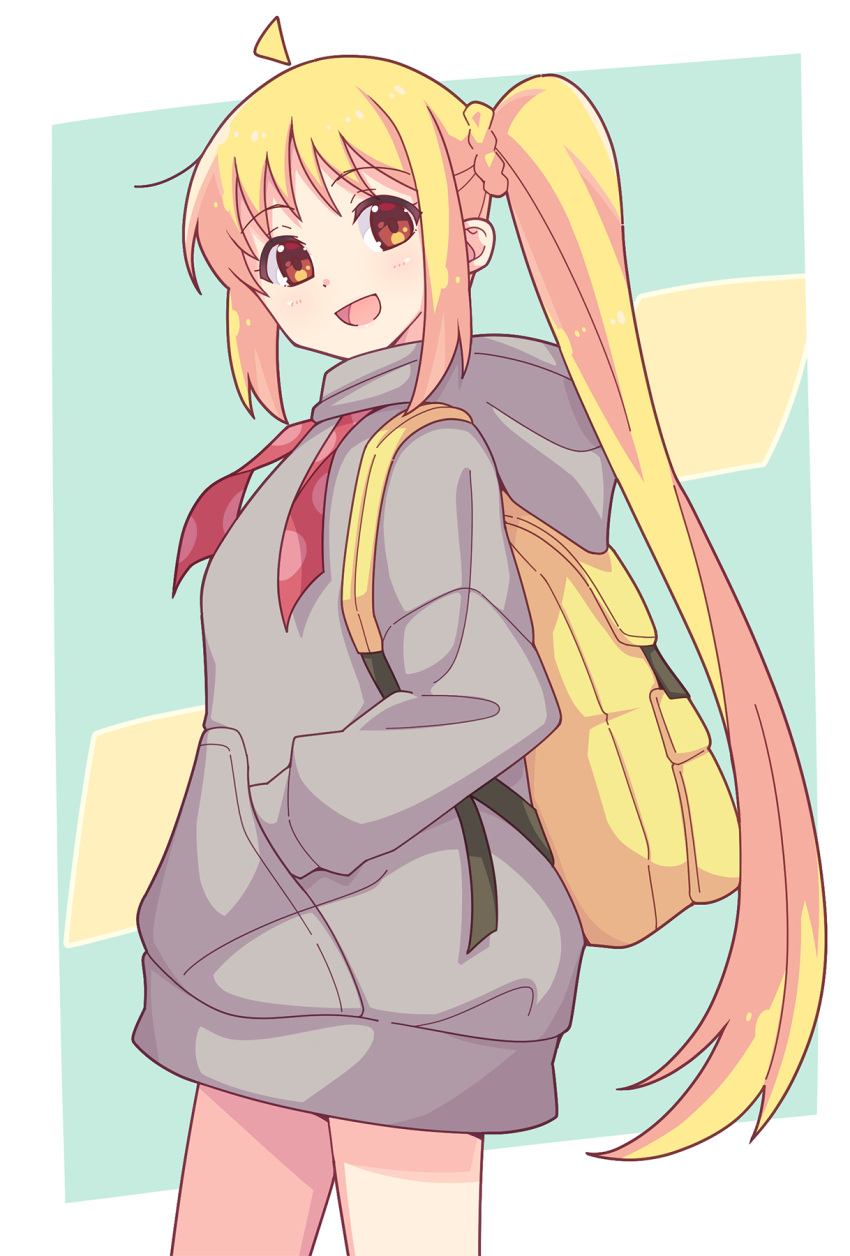 1girl :d ahoge backpack bag bangs blonde_hair blush bocchi_the_rock! braid brown_eyes e20 grey_hoodie hand_in_pocket highres hood hood_down hoodie ijichi_nijika long_hair looking_at_viewer side_ponytail sidelocks smile solo very_long_hair