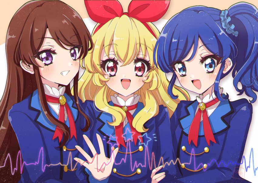 3girls :d aikatsu! aikatsu!_(series) blonde_hair blue_eyes blue_hair blue_jacket blush bow hair_bow hairband highres hoshimiya_ichigo jacket kiriya_aoi long_hair long_sleeves looking_at_viewer multiple_girls neck_ribbon open_mouth purple_eyes red_eyes red_ribbon ribbon school_uniform scrunchie shibuki_ran shinji_(udonteishoku) shirt side_ponytail smile starlight_academy_school_uniform white_shirt