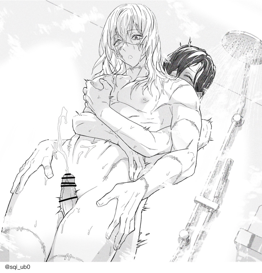 2boys :o artist_name bangs bar_censor blush border ceiling censored closed_eyes completely_nude couple cowboy_shot cum dutch_angle ejaculation erection expressionless eyelashes from_below greyscale hair_between_eyes hair_over_one_eye hands_on_own_thighs heterochromia highres hug hug_from_behind indoors jujutsu_kaisen long_bangs long_hair looking_down mahito_(jujutsu_kaisen) male_focus monochrome motion_lines multiple_boys nipples no_penis nude one_eye_covered open_mouth penis shower_(place) shower_head showering sidelocks steam stitched_arm stitched_face stitched_leg stitched_neck stitched_torso stitches sweat tareme thigh_sex trembling twitter_username wet wet_hair yaoi yoshino_junpei