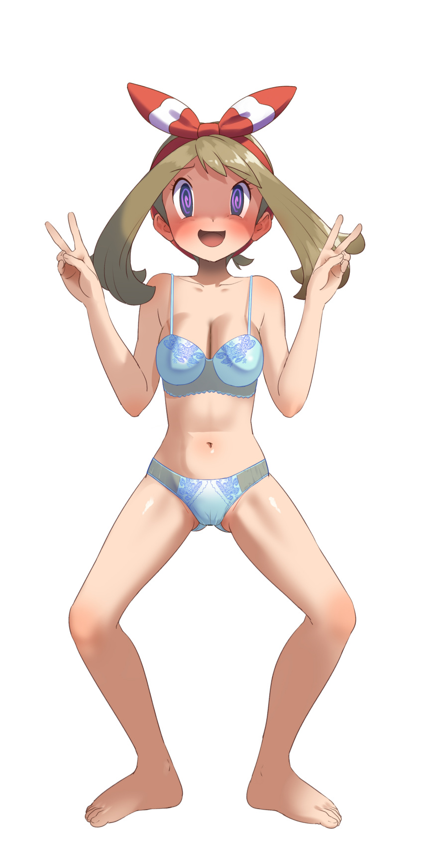 1girl :d @_@ absurdres bangs bare_arms barefoot blue_bra blue_panties blush bow_hairband bra breasts brown_hair cameltoe cleavage collarbone commentary_request commission eyelashes full_body grey_eyes hairband highres knees looking_at_viewer may_(pokemon) mind_control navel open_mouth panties pixiv_commission pokemon pokemon_(game) pokemon_oras red_hairband simple_background smile solo spread_legs squatting toes uhyoko underwear white_background