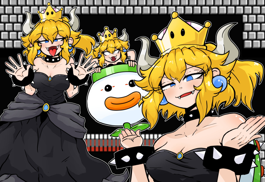 absurdres black_dress blonde_hair blue_eyes bonh_hmhm bowsette bracelet breasts cleavage collar collarbone constricted_pupils dress earrings fangs fangs_out half-closed_eyes highres horns jewelry looking_at_viewer mario_(series) open_mouth spiked_bracelet spiked_collar spikes strapless strapless_dress super_crown super_mario_bros._1 tongue tongue_out turtle_shell