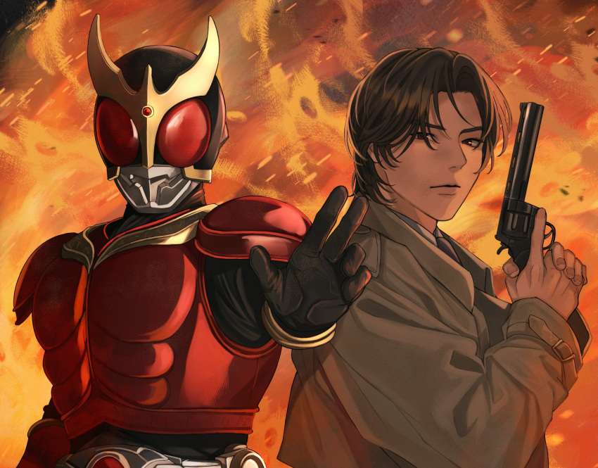 2boys armor brown_coat brown_hair coat fiery_background fire gun highres holding holding_gun holding_weapon ichijou_kaoru kamen_rider kamen_rider_kuuga kamen_rider_kuuga_(series) male_focus multiple_boys necktie revolver sasakura34 trigger_discipline weapon