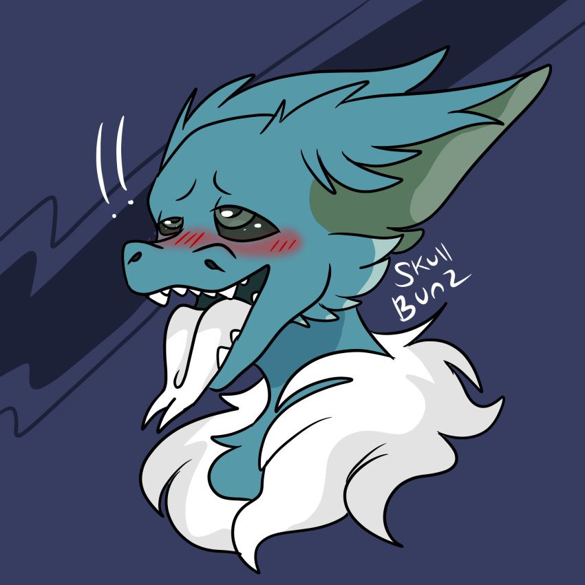 anthro aroused_face blue_body blush fenril_(spicy_flakes) frost_jeckals_(huf13) hi_res male simple_background skull_bunz_official solo teeth_visible tongue watermark white_tongue