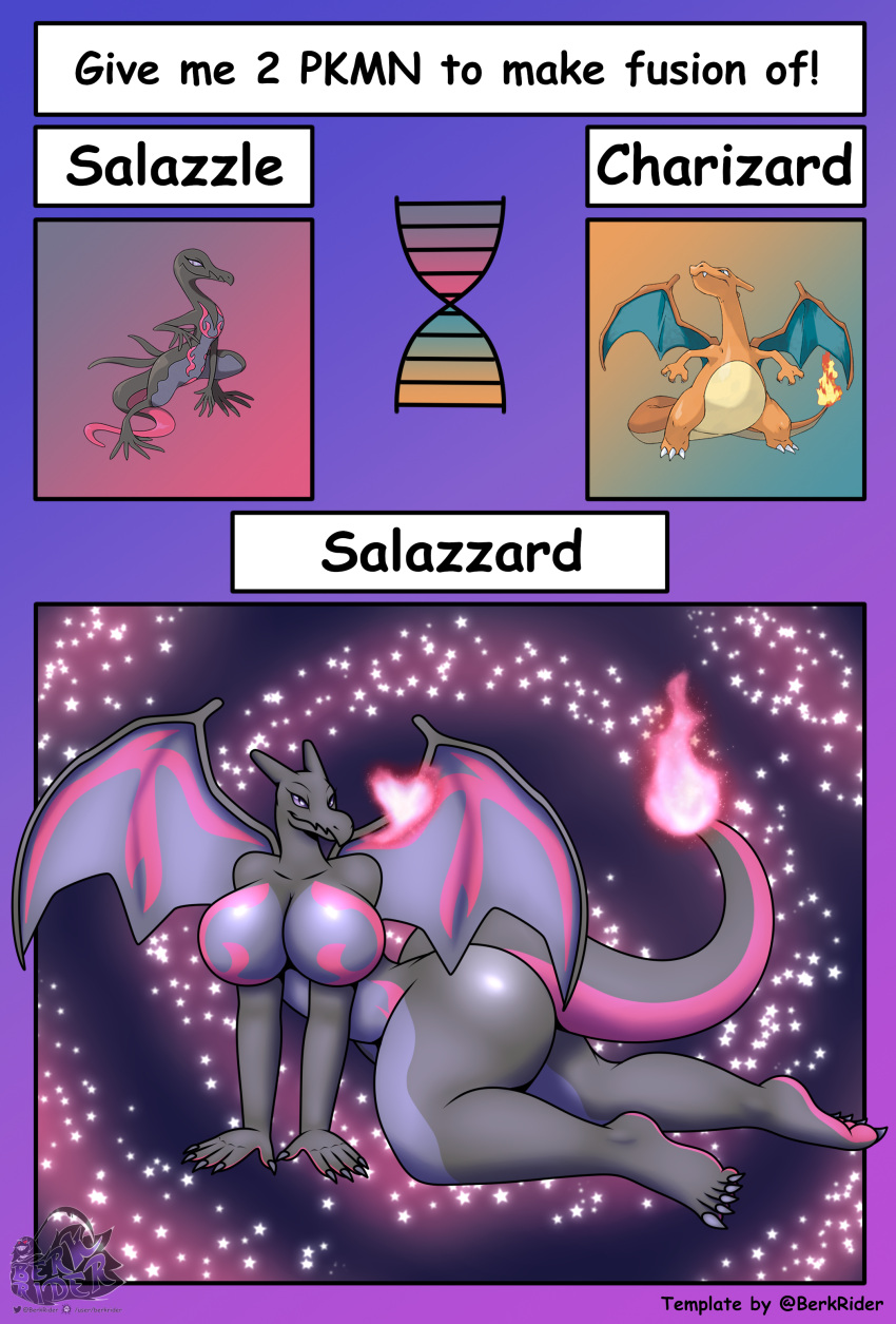 2023 5_fingers 5_toes absurd_res anthro bedroom_eyes berk_rider big_breasts big_butt breasts butt charizard claws colored_fire dragon fakemon feet female fingers fire fusion generation_1_pokemon generation_7_pokemon half-closed_eyes hi_res huge_breasts huge_butt humanoid_feet lizard looking_at_viewer narrowed_eyes nintendo nippleless nude pink_fire plantigrade pokemon pokemon_(species) pokemon_fusion reptile salazzle scalie seductive simple_background soles solo tail_flame thick_thighs toe_claws toes wings