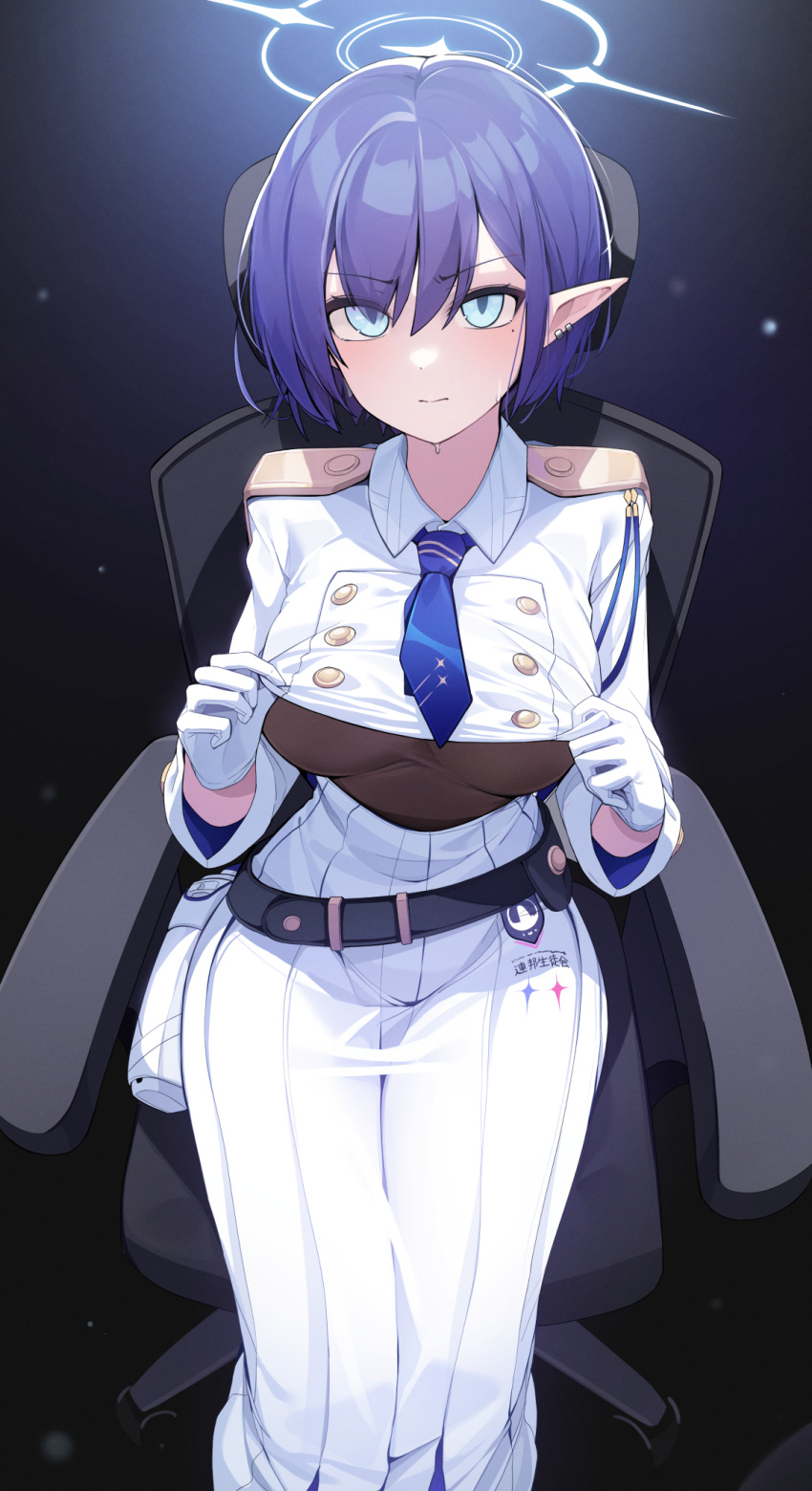 1girl aoi_(blue_archive) blue_archive blue_hair blue_necktie breasts collared_jacket cropped_jacket ddangbi earclip epaulettes gloves grey_eyes highres holster jacket jacket_lift lifted_by_self long_skirt mole mole_under_eye necktie pointy_ears short_hair skirt sweat underboob white_gloves white_jacket