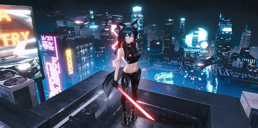 1girl absurdres animal_ear_fluff animal_ears arknights bare_shoulders black_footwear black_hair black_pants black_shirt breasts city commentary_request crop_top drone full_body hair_between_eyes highres jacket large_breasts leggings long_hair long_sleeves looking_at_viewer midriff navel night night_sky open_clothes open_jacket orange_eyes outdoors pants seymour shirt shoes sky sleeveless sleeveless_shirt solo standing stomach tail texas_(arknights) wolf_ears wolf_tail