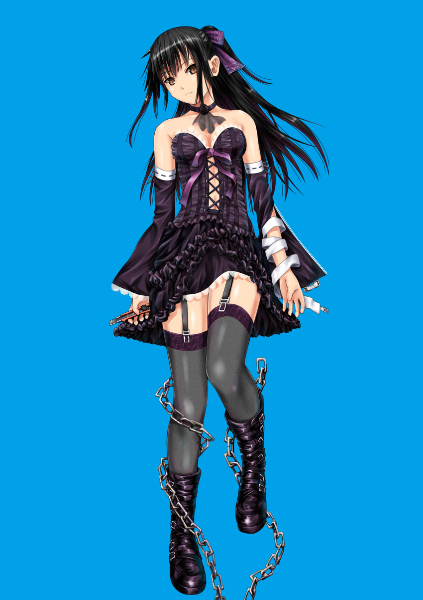 1girl absurdres ano_hito black_hair blue_background boots boxcutter breasts brown_eyes chain commentary_request detached_sleeves dress frilled_dress frills frown full_body garter_straps gothic_lolita hair_ribbon highres holding lolita_fashion one_side_up original purple_dress purple_footwear purple_ribbon ribbon short_dress small_breasts solo thighhighs zipper